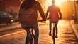 Close up of two mountain bikers on the way at sunset in sport clothing. Young couple athlete cyclist in outdoor nature healthy active lifestyles.