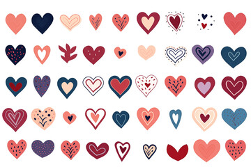 Wall Mural - Set of different hearts isolated on white background. Clipart bundle, hand drawn set