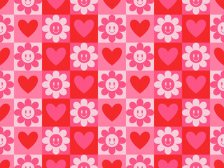 Wall Mural - Groovy Hearts and flowers Seamless Pattern. Vector Background in 1970s-1980s Hippie Retro Style for Print on Textile, Wrapping Paper, Web Design and Social Media. Pink and Purple Colors.