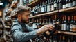 One bottle is taken off the shelf in the cellar shop by a male employee of a restaurant, Generative AI.