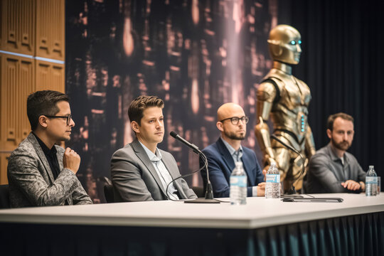 Discussion panel on future of conscious artificial intelligence. Young men present vision of replacing human labor with robots at scientific conference