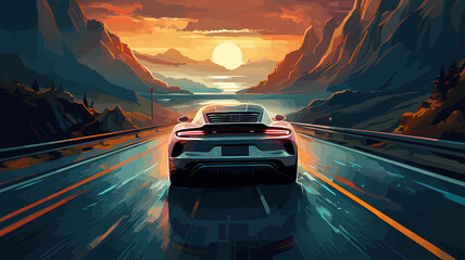 Wallpaper sport car on the road with landscape illustration