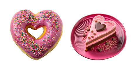 Wall Mural - Pink, Heart Shaped Strawberry Glazed Doughnut and a Slice of Strawberry Frosting Cake on Transparent Background, PNG file