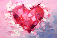 Pink Heart Painted With Oil Paints On Canvas. Valentines Day Background