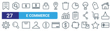 Set Of 27 Outline Web E Commerce Icons Such As Label, Search, Dollar Bill, Pie Graph, List, Search, Dollar, Gift Card Vector Thin Line Icons For Web Design, Mobile App.