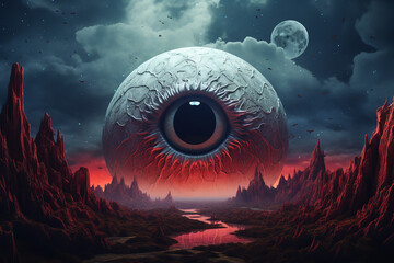 Poster - An image of a surreal landscape where an oversized moon looms over a dreamlike scenery - offering an imaginative and whimsical interpretation that transports the viewer to an otherworldly realm.