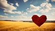 Red heart on wheat field under blue sky with white clouds. Valentines day background