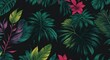 Tropical leaves and flowers in the night style for men`s prints. Seamless vector jungle wallpaper pattern black background, generative, AI