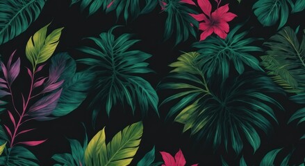tropical leaves and flowers in the night style for men`s prints. seamless vector jungle wallpaper pa