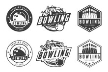 Vector Set Of Bowling Badge Logos, Emblems Set Collection And Design Elements, Monochrome Style Bowling Logo