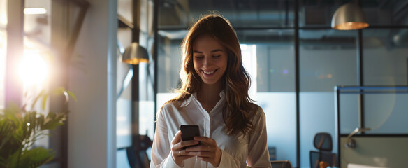 A radiant young woman engaging with her smartphone in an office with natural lighting