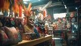Fototapeta  - Person Wearing Mask and Costume in Store, Carnival Checked