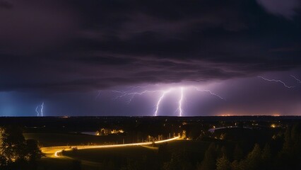 lightning in the city a dramatic and awe-inspiring scene, as multiple lightning strikes illuminate the dark sky over a landscape with a winding road and a calm body of water, creating a contrast 