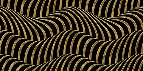 Wall Mural - Seamless golden optical illusion rolling hills landscape pattern. Abstract geometric ocean wave stripes gold plated relief on black background. Modern elegant metallic luxury wallpaper. 3D rendering.