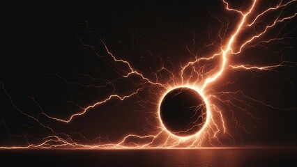 Wall Mural - background with lightning This is an image of a black circle that emits orange lightning bolts in all directions, creating a striking visual effect of a powerful and mysterious source of energy. 
