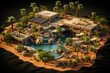 Cute oasis in the desert with houses in isometric view