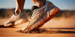 low shot of athlete's legs against desert background, sports shoes, sand. Generative AI