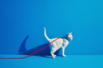 A white cat on a leash against vibrant blue wall. Space for text. 