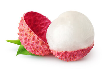 Wall Mural - Isolated lychee. One peeled lychee fruit with leaves isolated on white background