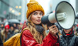 Passionate female activist voicing concerns through a megaphone during a protest march for workers' rights and environmental issues in an urban setting