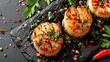 Grilled scallops on a black background top view with copy space