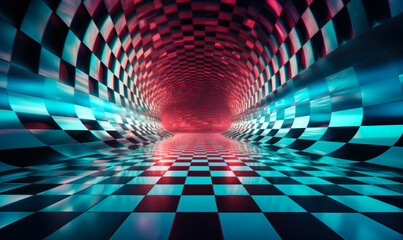 Poster - futuristic checkered tunnel with a dynamic perspective, evoking a sense of speed, motion, and virtua