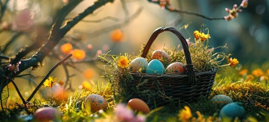 Wall Mural - An egg basket sitting on a grassy lawn