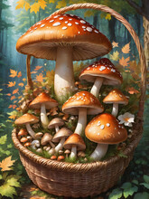 Mushrooms In A Wicker Basket