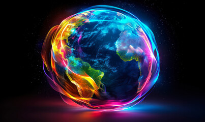Wall Mural - Vibrant and colorful illustration of the Earth with a glowing, neon-like effect, symbolizing global connectivity, digital innovation, and creative representation of technology