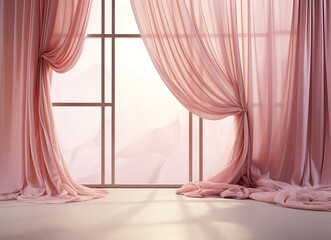 Wall Mural - Pink silk curtains on pink background. Light luxury elegant fabric background