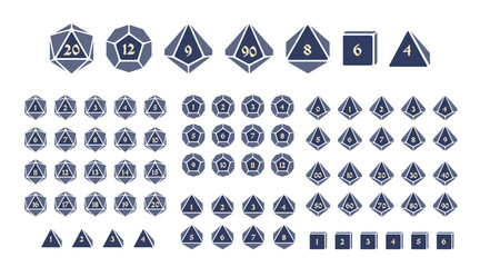 D4, D6, D8, D10, D12, and D20 Dice Icons for Boardgames With Numbers, Glyph Style