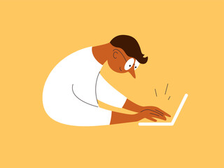 Man with glasses working home on laptop typing message by hands. Male character browsing internet, chatting social media. Office employee, software freelancing work, technology vector illustration