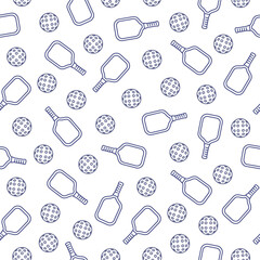 Seamless Pattern of Balls and Rackets for Pickleball in Outline Style
