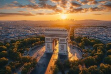 Arc De Triomphe In France, Paris, Aerial View On A Scenic Sunset