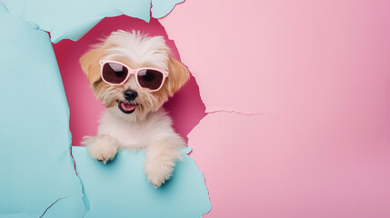 dog wearing sunglasses peeking out of a hole in pastel color, fluffy puppy jump out