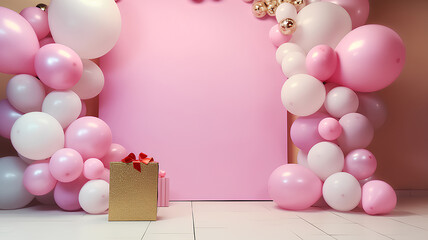 Design creative concept  birthday, party for girl  celebration  bright color style balloons, kids style. Pink birthday background decorated with balloons.