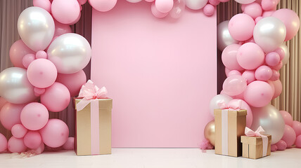 Design creative concept  birthday, party for girl  celebration  bright color style balloons, kids style. Pink birthday background decorated with balloons.