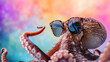 Funny octopus wearing sunglasses in studio with a colorful and bright background. AI Generative