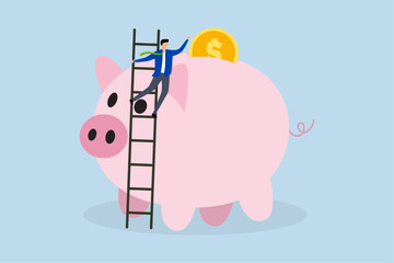 Personal finance strategy, businessman utilizing stair to climb up pink piggy bank with brilliant cash coin as last target.