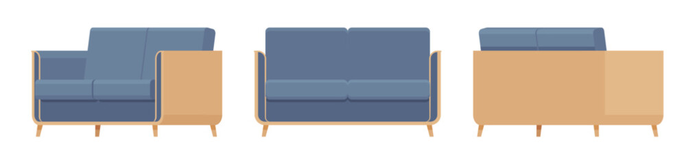 Wall Mural - Small couch, loveseat fabric sofa set in blue accent. Upholstery for living room, dorm, family apartment, studio. Vector flat style cartoon home, office furniture objects isolated on white background
