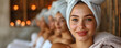 Beautiful  women happy smiling looking at the camera relaxing at spa. Skincare beauty salon wellness banner with copy space. Photo beauty treatments, massage, peeling, facial cleansing, cosmetic ads.