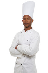 Wall Mural - Portrait, black chef and arms crossed in studio in hospitality career, cooking job and small business entrepreneur. African man, confident and food industry and uniform with hat by white background