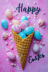 Wall Mural - Top view of a waffle cone with colorful Easter eggs on a pink background. A creative and unusual greeting. Happy Easter Inscription