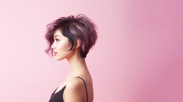 Beautiful woman has short haircut style, modern hair styles with space for text ads