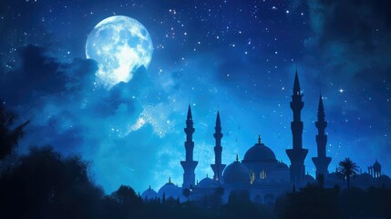 Enchanting Ramadan Banner- Majestic Moonlit Sky with Mosque Silhouette, Portraying a Mystical and Spiritual Ambiance