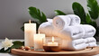 © DJSPIDA FOTO - Create an inviting elegance with soft lighting, emphasizing the elegance of towels and beauty treatments, Towel with herbal bag and beauty treatments, candles, essential oils