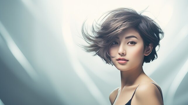 Beautiful woman has short haircut style, modern hair styles with space for text ads
