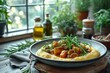 Close-up of wooden table with a plate of polenta and mushroom ragout, garnished with fresh greens and lit by sunlight. Cozy Italian restaurant with large windows overlooking beautiful garden.