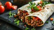Burritos wraps with beef and vegetables on black background