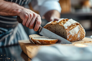 Wall Mural - Close-up Chef Using Knife to Skillfully Cut Fresh Bread for Culinary Excellence.




